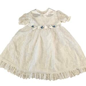 Evy White Lace Dress Blue Rose Bows Size 6  Flower Girl Wedding Formal Toddler